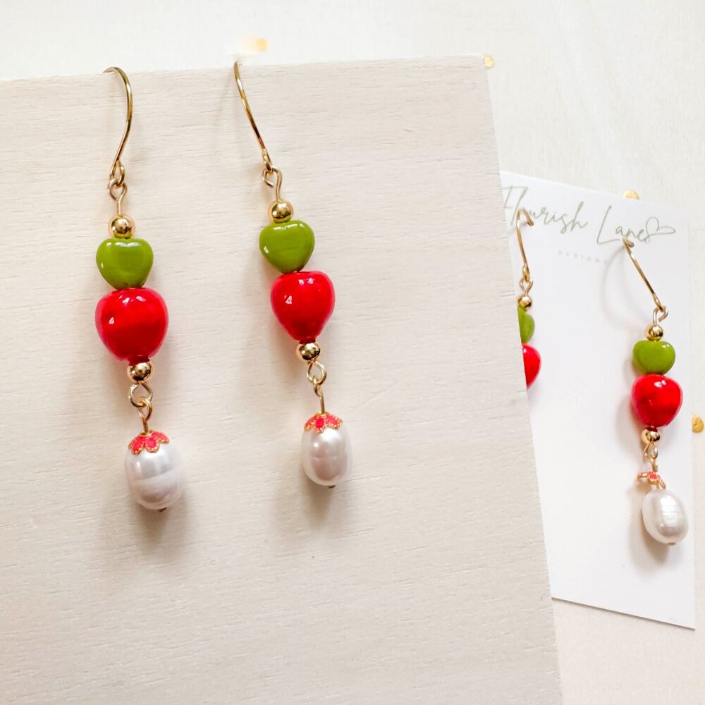 Apple Red Heart Beaded Drop Earrings Pearl Gold | Cute Artisan Statement - Picture 10 of 11